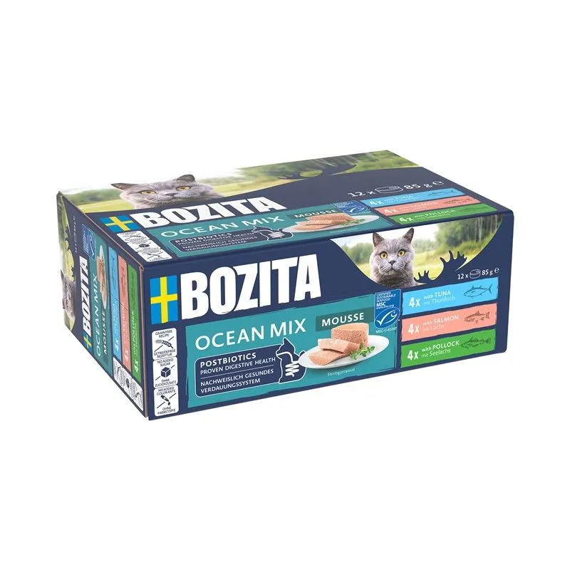 Bozita Ton Balıklı, Somonlu ve Mezgitli Mus Yetişkin Kedi Yaş Maması Çoklu Konserve 12x85g